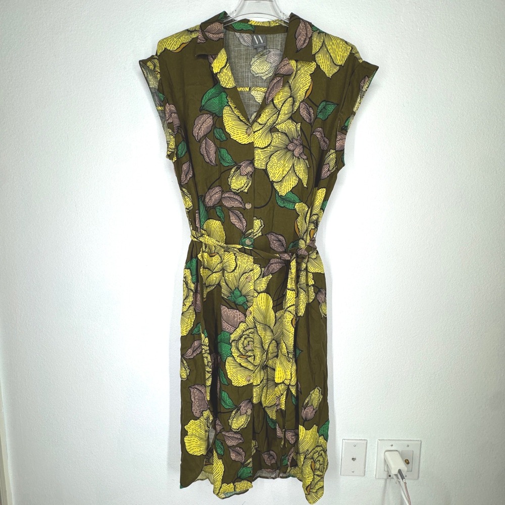 Womens Floral Shirt Dress XXL Olive Midi Tie Button Waist Earthy Granola Cottage